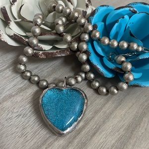 Blue Glittery Glass Heart Necklace on 20” Faux Navajo Silver Pearls